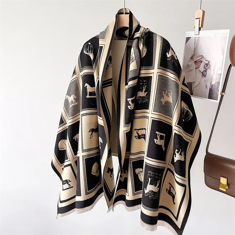 2024 Cashmere Scarf for Women Winter Warm Shawl Blanket Large Tassel Female Poncho Elegant Horse Echarpe Bufanda Pashmina