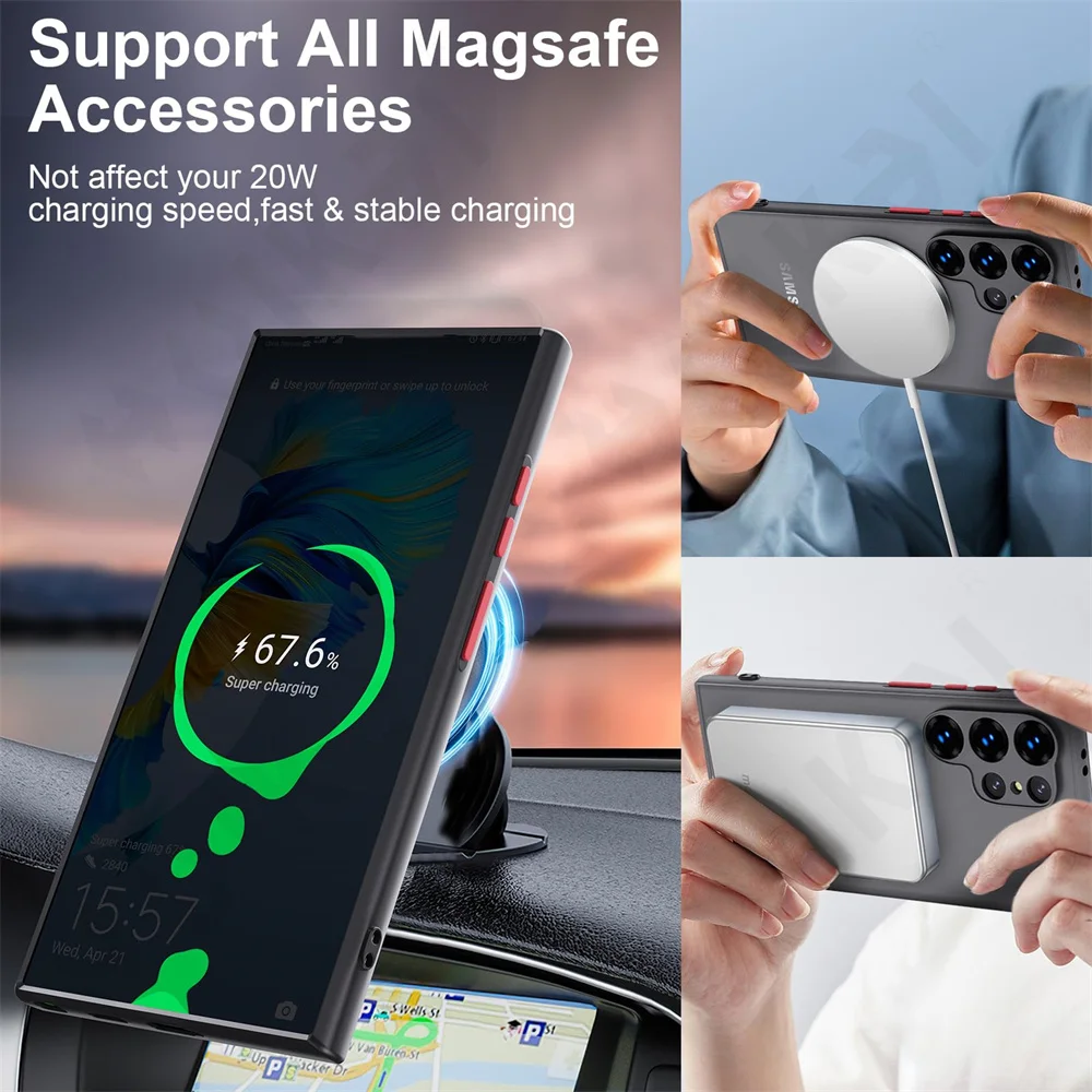 Luxury Magnetic Wireless Charge Magsafe Case For Samsung S24 S23 S22 S21 Ultra FE A54 A34 Soft Magnetic Bumper Shockproof Cover