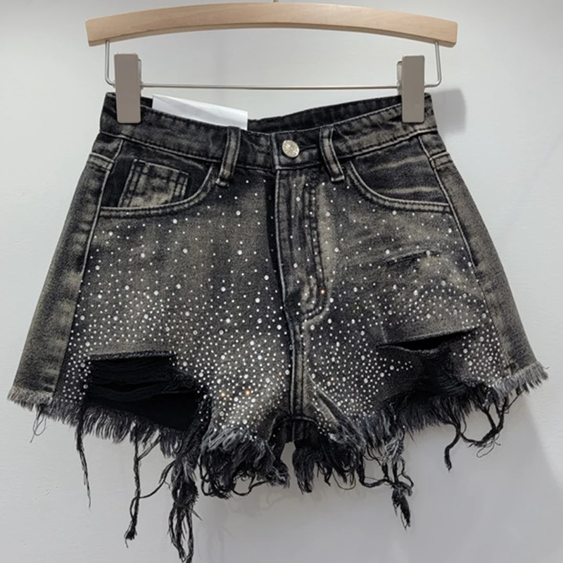 

Streetwear Sparkling Rhinestone-Studded Denim Hot Pants Women Denim Shorts 2023 Summer New Fashion High Waist Wide Legs Short