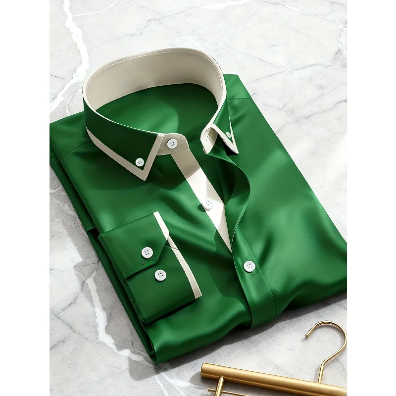 Kemeja Putih Pria Baru 2025 Kemeja Elastis Pria Pakaian Jalanan Kasual Empat Musim Lengan Panjang Mode