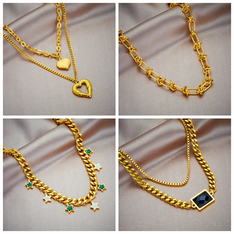 

LAMENGLY 316L Stainless Steel Gold Color Thick Link Choker Necklace For Women New Multi-layer Chains Non-fading Hip Hop Jewelry