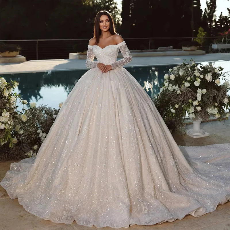 

Glitter Wedding Dress Organza With Embroidery Lace Ball Gown Sweetheart Boat Neck Full Sleeve Bridal Vestido De Novia Customized