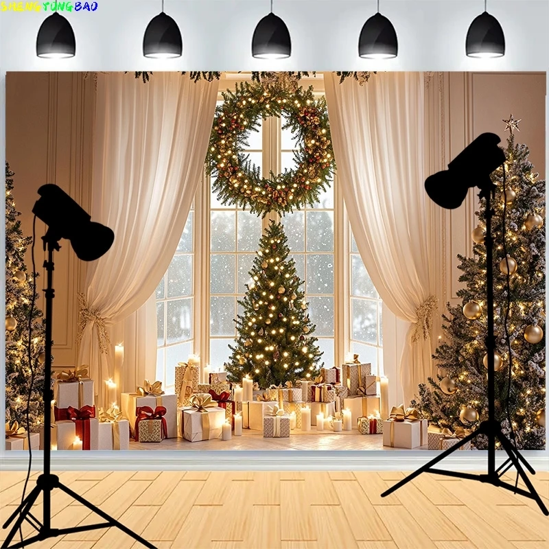 

Christmas Tree Gifts Wooden Photography Backdrop Living Room Snowflake Family Party New Year Holidays Studio Background XH-18