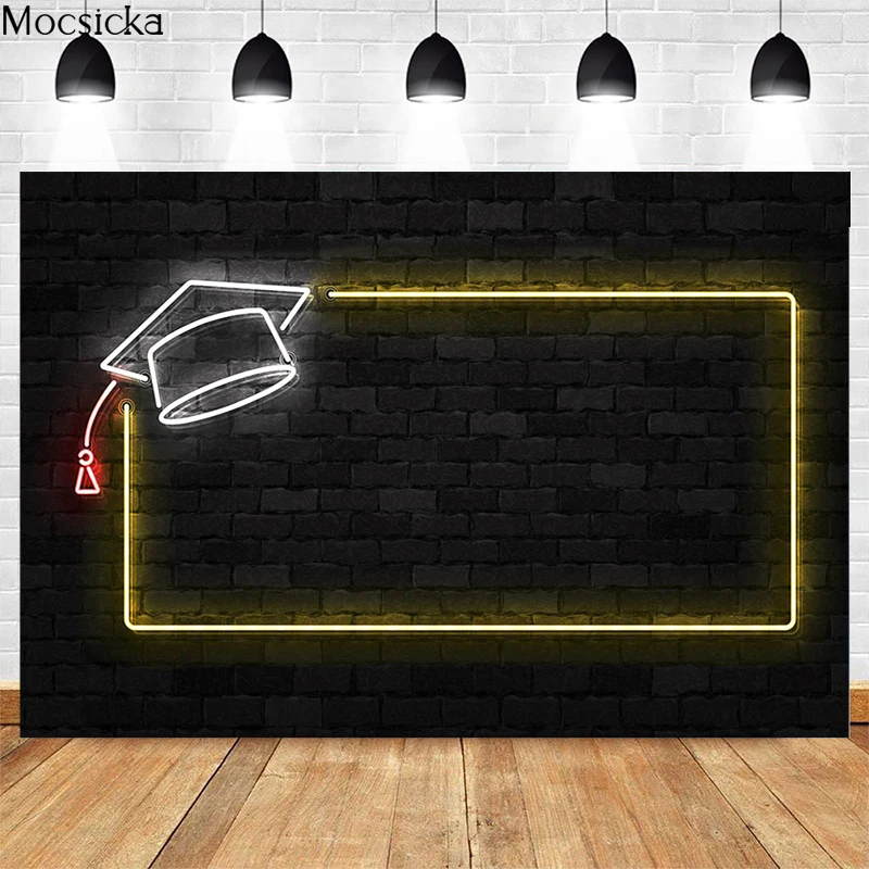 

Congratulations Graduation Background Photography Bachelor Hat Black Brick Wall Neon Decoration Child Portrait Photo Studio