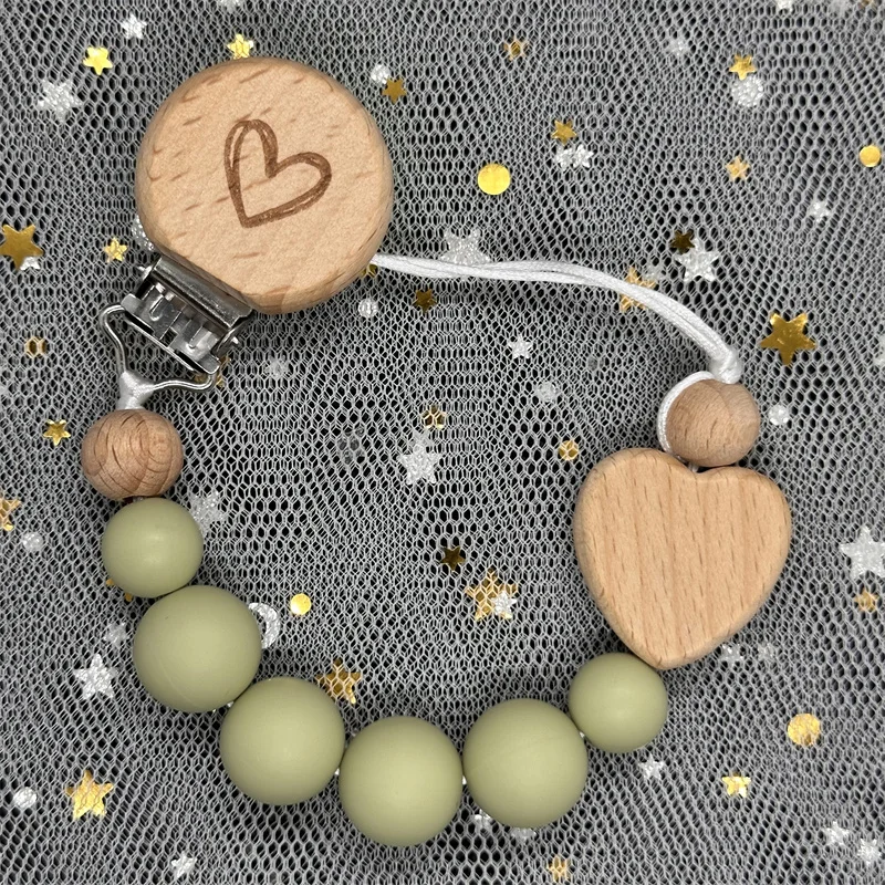 Personalized Baby Pacifier Chain Clips Wooden Custom Teether Silicone Round Beads Teething Chain for Care Soother Chew Toys Gift