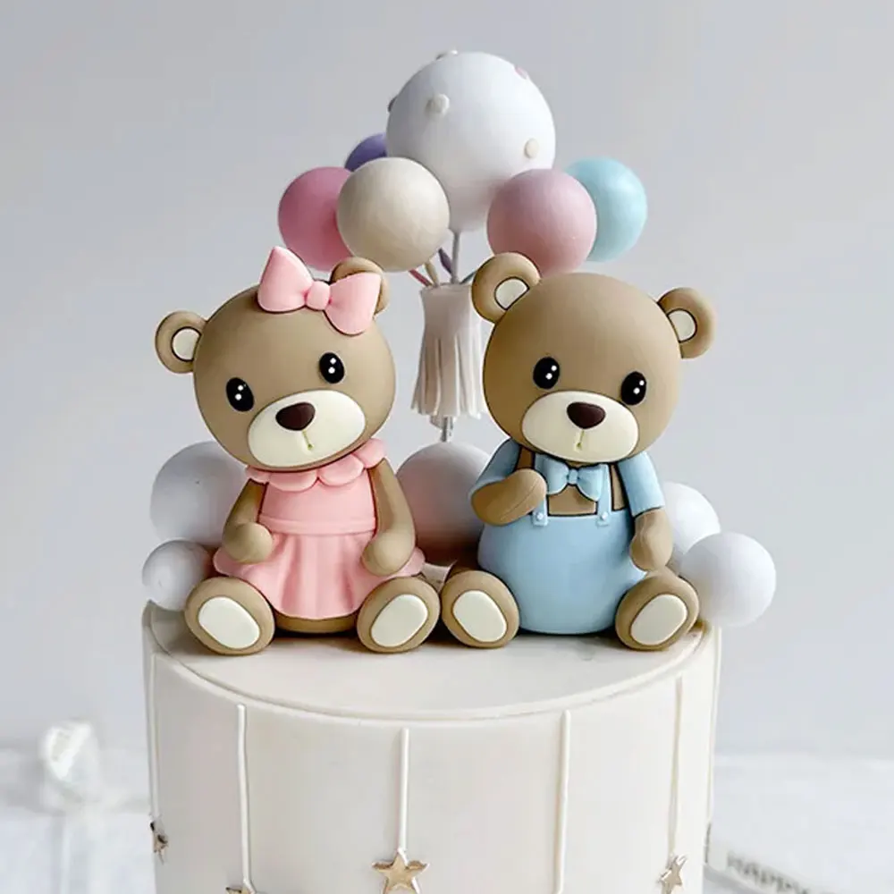 32Pcs Bear Cake Toppers Blue Pink Cake Balls Brown Bear Cake Decorations for Baby Shower 1st Birthday Party Cake Decor Favor