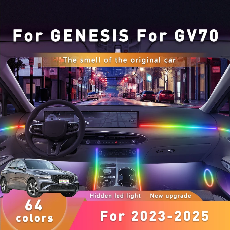 

FILIPLI для GENESIS GV70 для 2023-2025 64 RGB с голосовым управлением, автомобильный акриловый светильник для настроения, управляемый через приложение, окружающий свет салона автомобиля