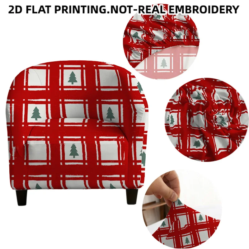 Seamless Christmas Plaid Cherries Trees Printed Armrest Sofa Cover, 2D Printed Elastic Single Club Holiday Decor Sofa Cover