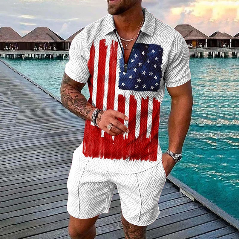 Male Streetwear Set Suits USA American Flag 3D Print Men's Tracksuit Short Sleeve Zipper Collar Polo Shirt Shorts Sets 2 Pieces