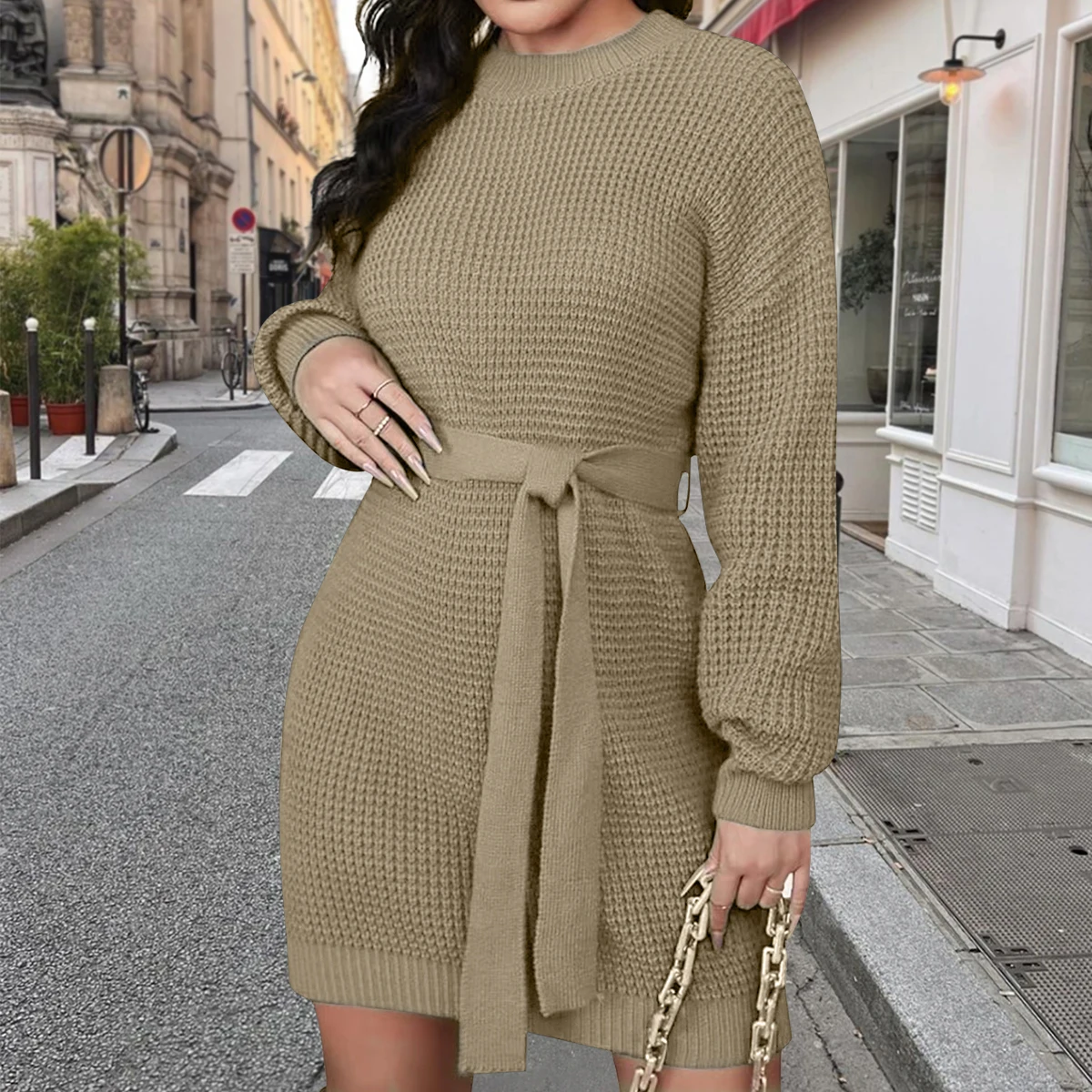 

Autumn and winter women's wear belt commuting leisure languid lazy wind long pure color long sleeve knitted wool dress