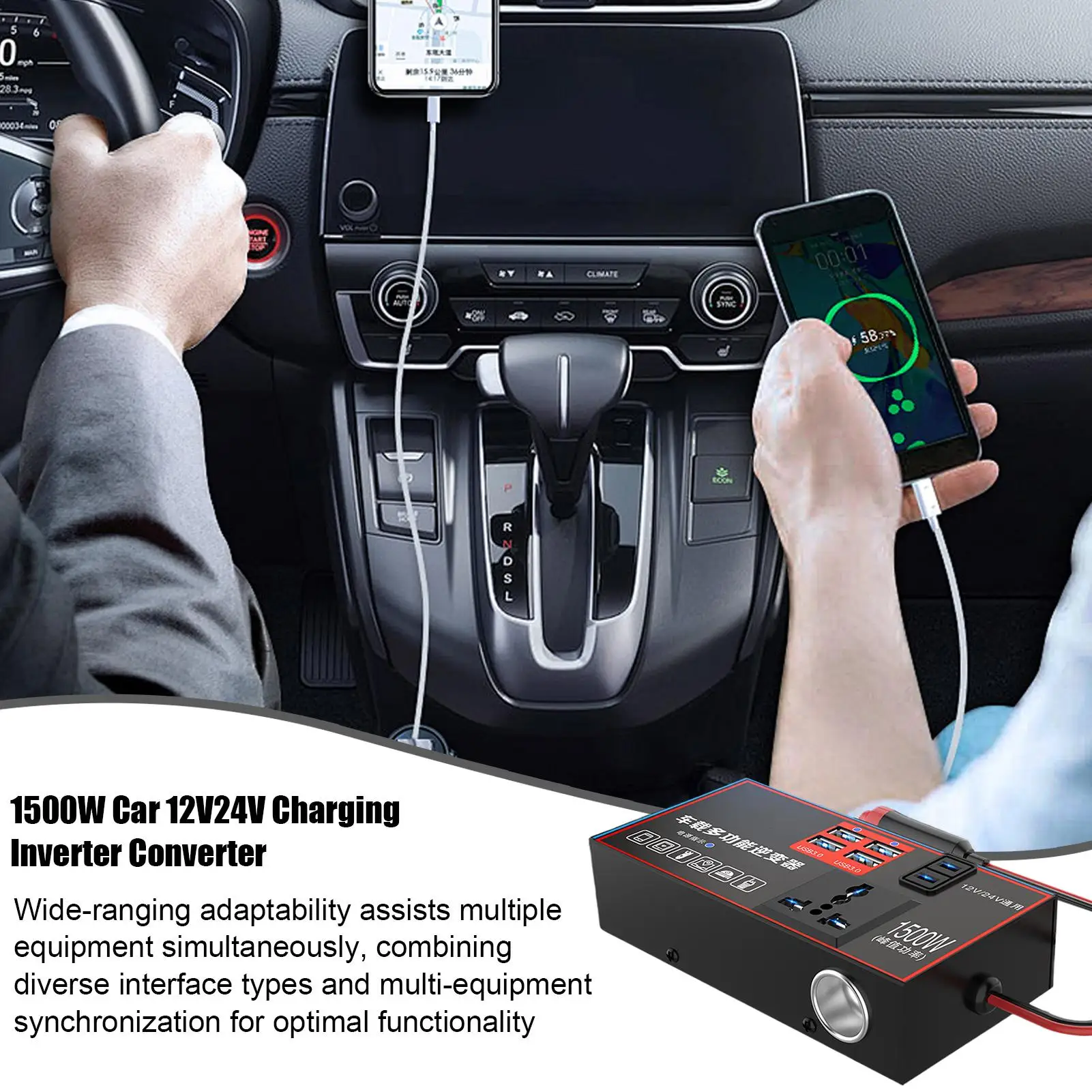 

Автомобильное зарядное устройство, инвертор 220 В, автомобильный преобразователь мощности, 1500 Вт, несколько портов, автомобильный адаптер, зарядка через USB для рабочей станции, морского грузовика