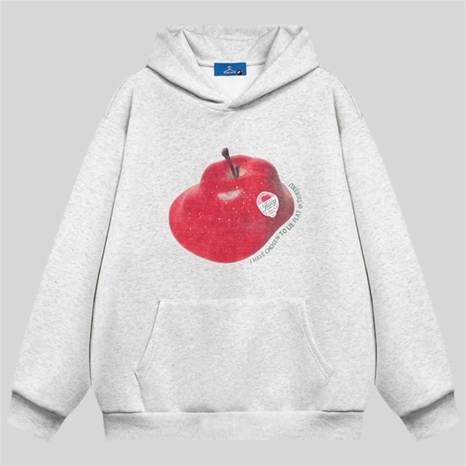 Apple Print Casual Hoodies Men Harajuku Loose Hooded Sweatshirts Mens Hip Hop Hoodie Male Streetwear Autumn Men Clothing Black