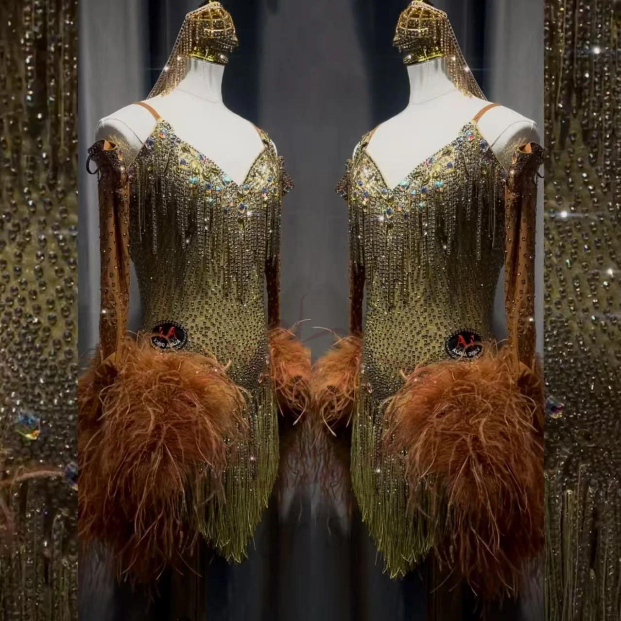 

Latin Dance Adult Children'S Dress AB Stone High-End Custom Imported Material Ostrich Hair Tango Women'S Clothing