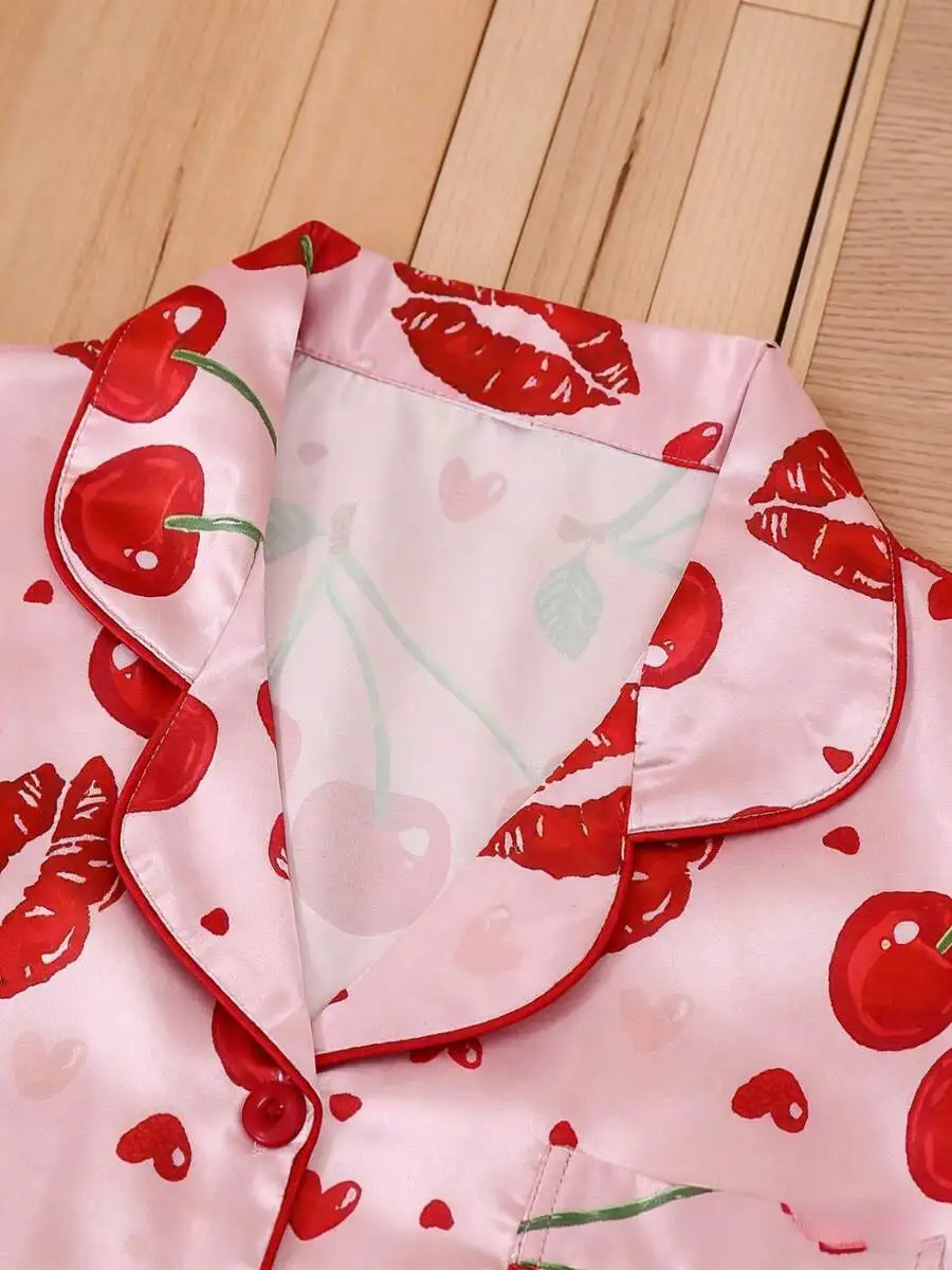 

Womens Valentine Cherry Lip Silk Short Sleeve Pajama Set