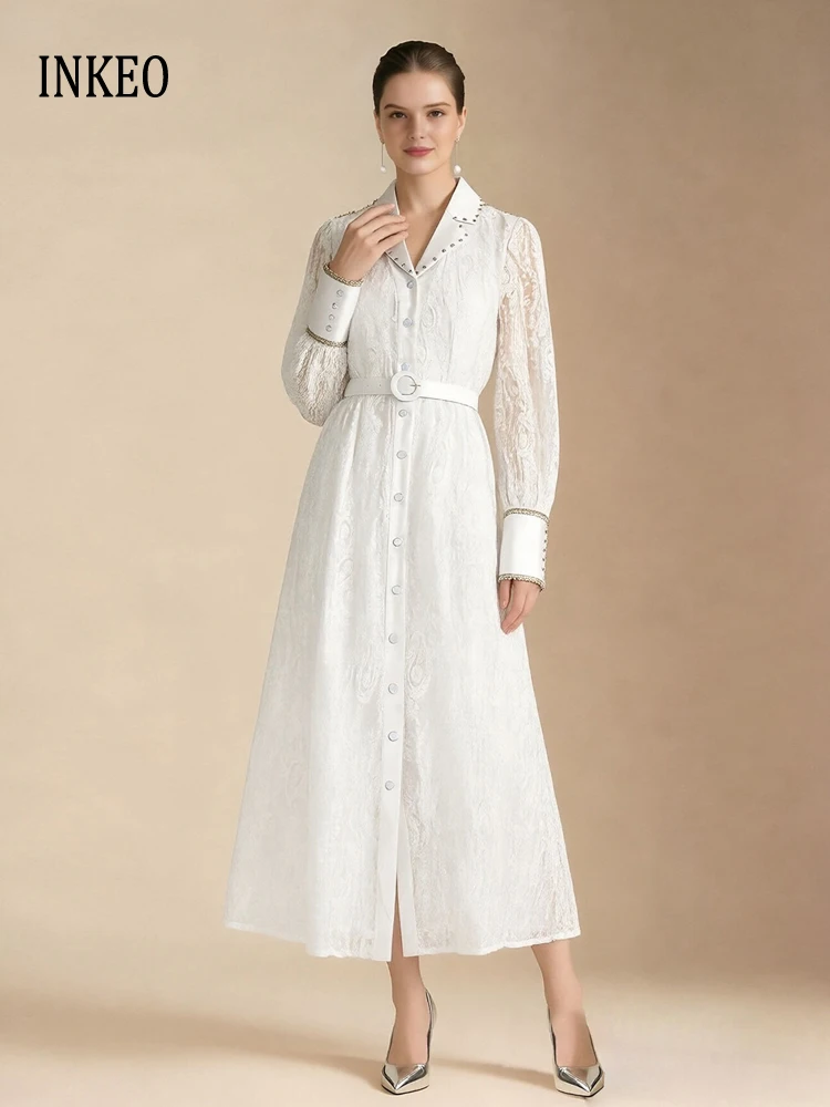 

Luxury Women's Lace embroidery shirt dress 2026 Autumn Elegant Hollow out maxi dresses with belt Party vestidos INKEO 6D039