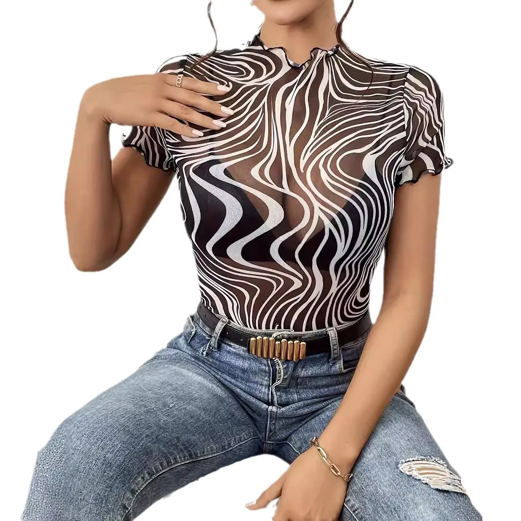 Cross-border 2025 New Elegant Mesh Printing Striped Fungus Edge Short-sleeved T-shirt Slim Top Women's Clothing Cw90974