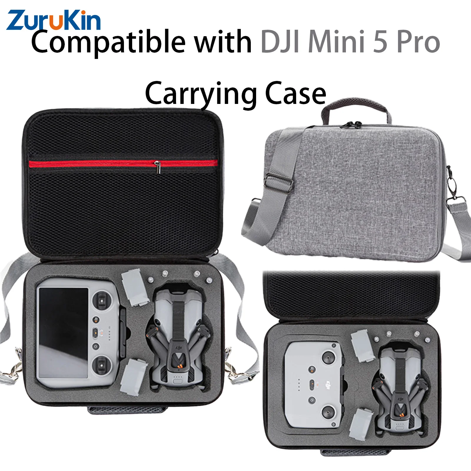 ZuruKin Shoulder Carrying Case For Dji Mini 5 Pro Fly More Combo Grey Portable Storage Bag Compatible With Rc 2 / Rc-N3 Remote