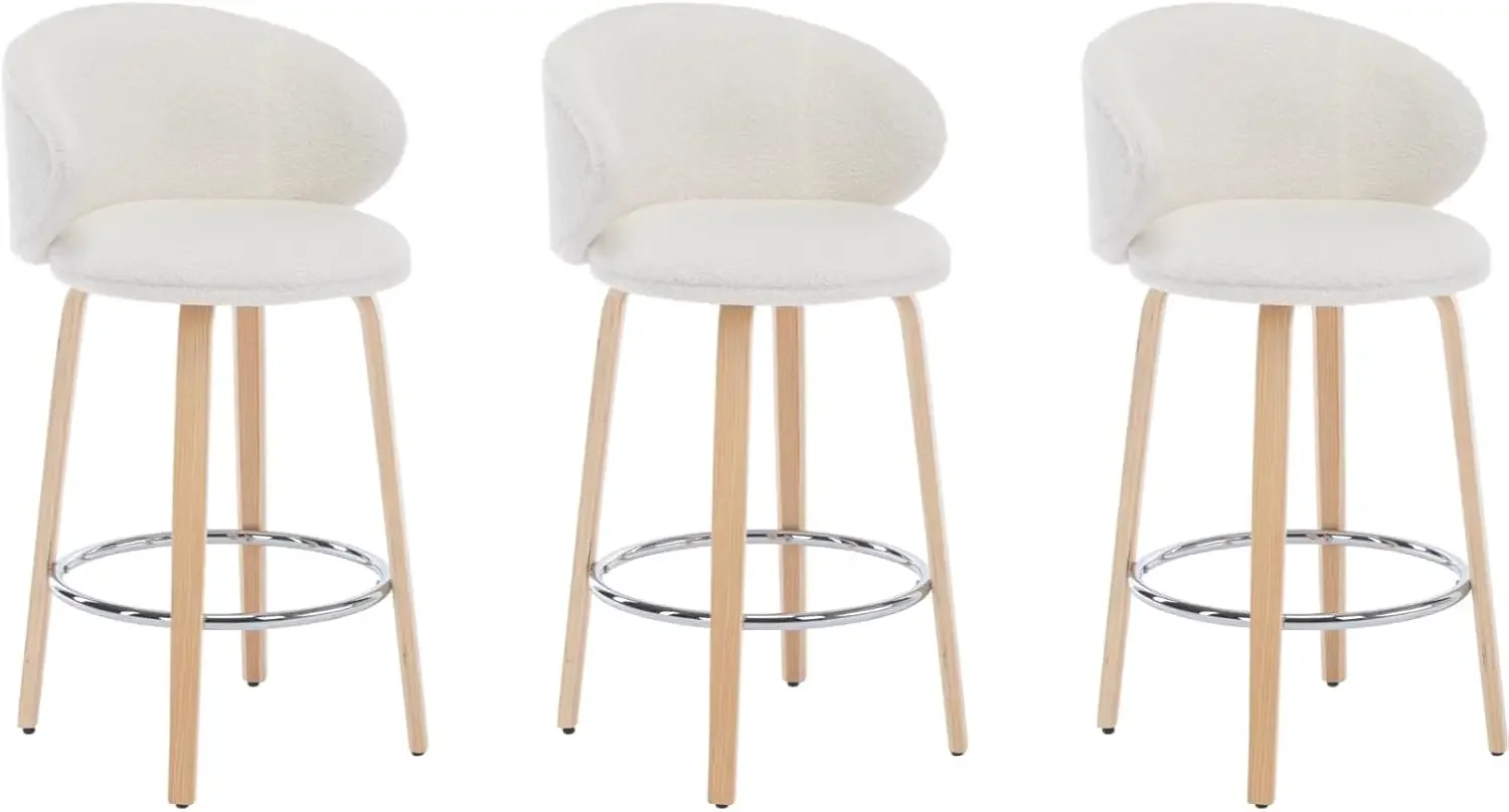 Modern Bar Stools Set of 3, 26 Inch Counter Height Sherpa Barstools with Wooden Legs,Bar Chairs with Barrel Backrest for Kitchen