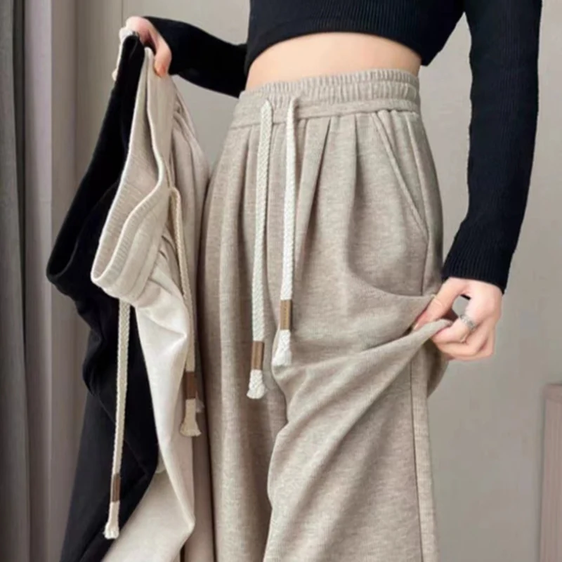 Autumn Women Classic Versatile Daily High Waisted Long Pants Lady Fashion Solid Cotton Elastic Wide Leg Straight Leg Trousers