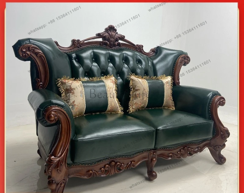 American all-solid wood leather sofa leather art first layer cowhide retro double-sided engraved model