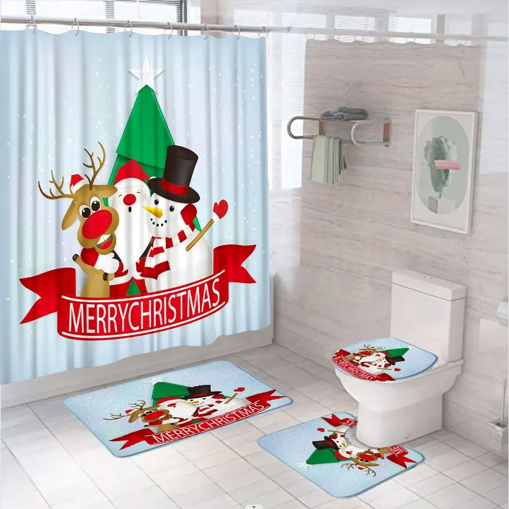 Christmas Snowman Shower Curtain Set Non-Slip Rugs Toilet Lid Cover Bath Mat Durable Waterproof Xmas Santa Claus Bathroom Decor