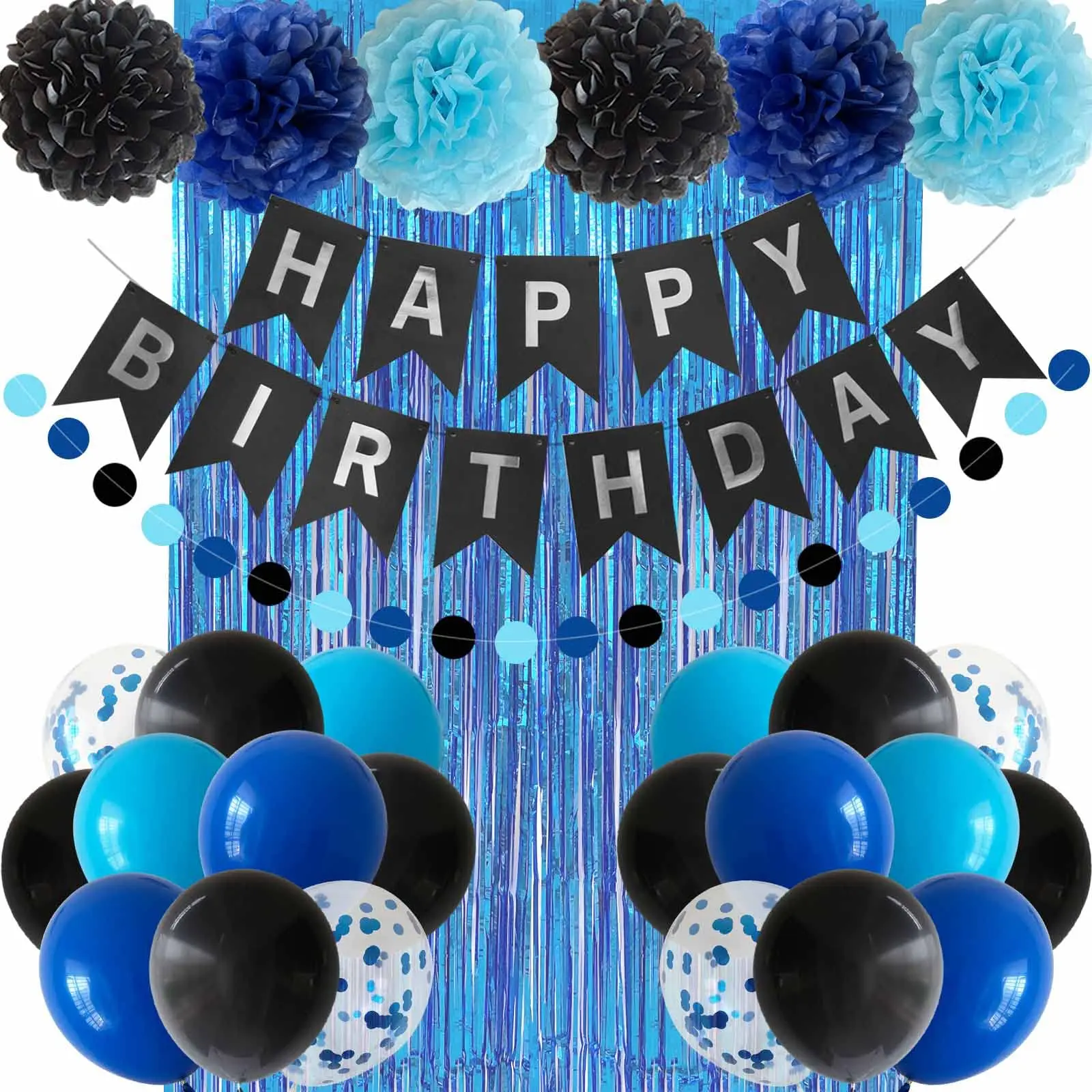 celebre-com-o-kit-de-decoracao-de-aniversario-azul-e-preto-para-meninos-e-homens-inclui-faixa-baloes-pompons-cortina-de-folha