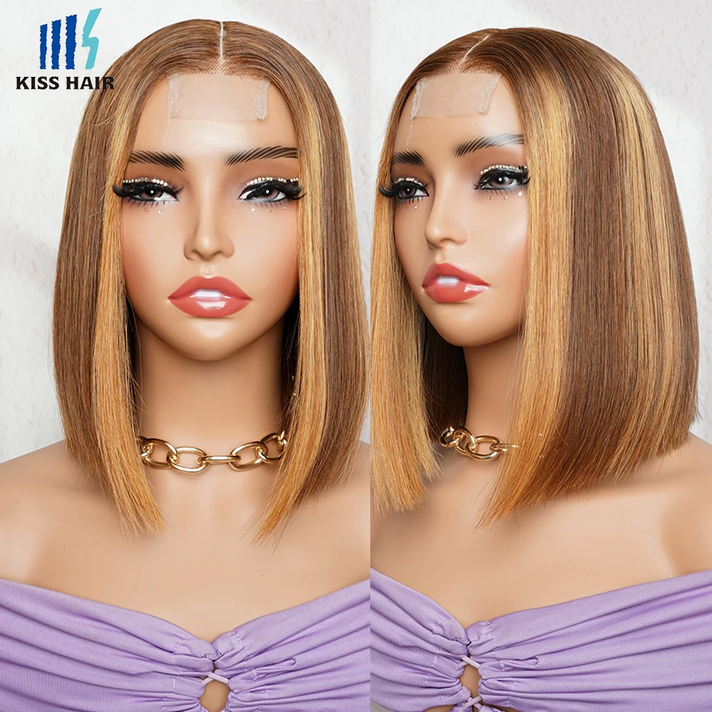 350% P4/30 Glueless 2*6 Lace Short Bob Wigs Highligt 10inch Middle Part 15A Super Double Drawn Vietnamese Human Hair KissHair