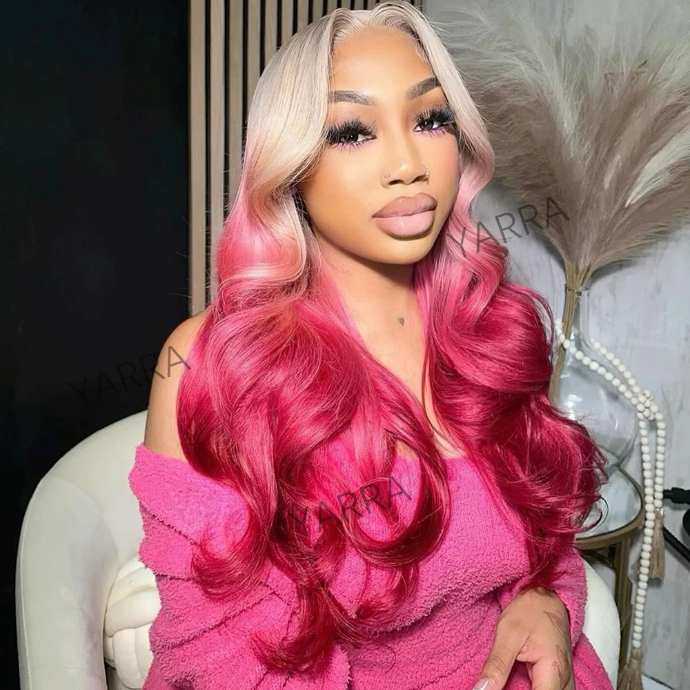 

Ombre Pink Red 200 Density Body Wave Lace Frontal Human Hair Wigs Brazilian PrePlucked 613 Blonde 13X4 Lace Frontal Wig ForWomen