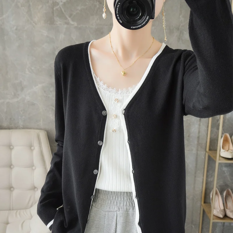 Women's Cardigan Spring Worsted Wool Knitted Sweater Casual Blouse Loose Ladies Tops V-Neck Single-breasted Splicing Jacket