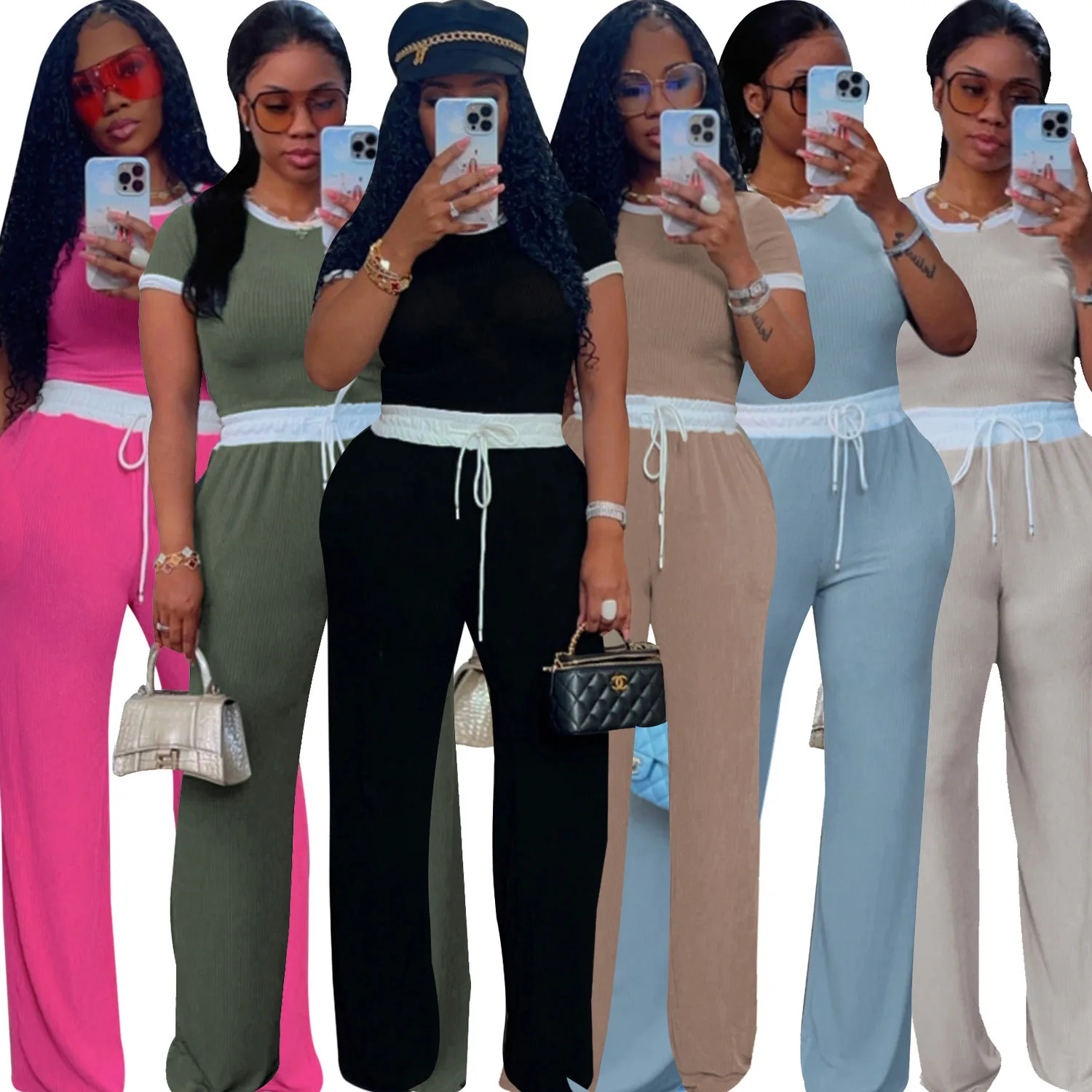 

Two Piece Sets Women Pant Set Round Neck Short Sleeve Top Streetwear Elegant Splice Slim Solid Wide Leg Long Pants High Waist