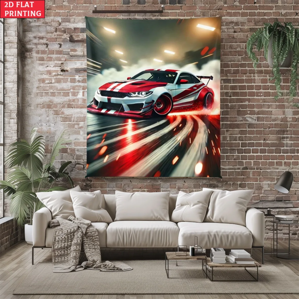 Vibrant Red White Modified Sports Car Tapestry, Drift Racer Track Wall Hanging, Car Lover Room Decor suitable offices bars party