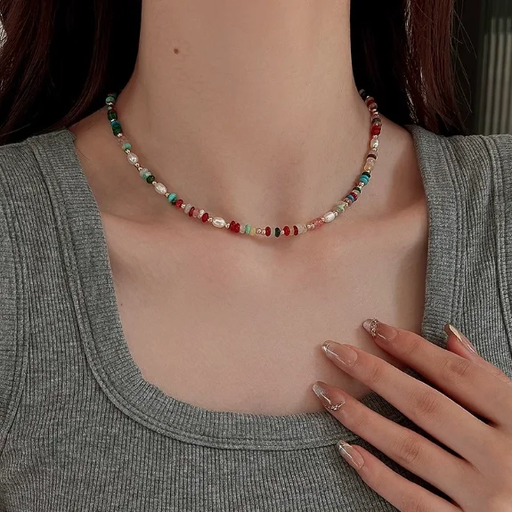 

Красочное ожерелье из бусин с натуральными камнями и пресноводным жемчугом для женщин, радужное бохо-колье-чокер с подвесками