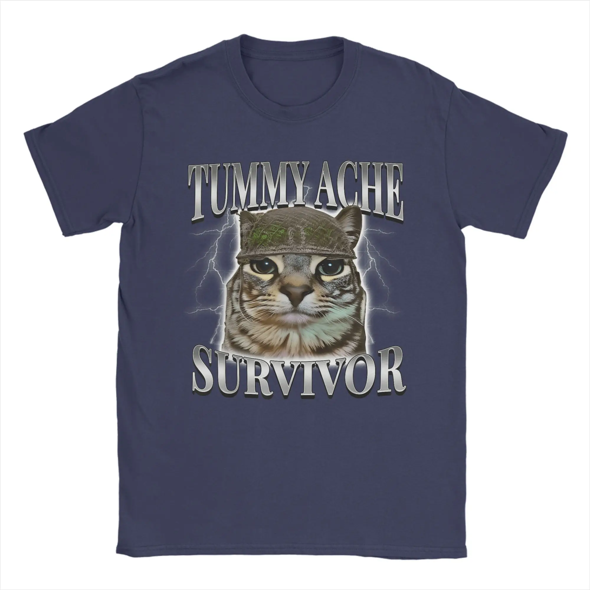 T-shirt vintage pour homme avec motif chat 'Tummy Ache Survivor' et imprimé chaton éclair rétro, humoristique, décontracté, à manches courtes