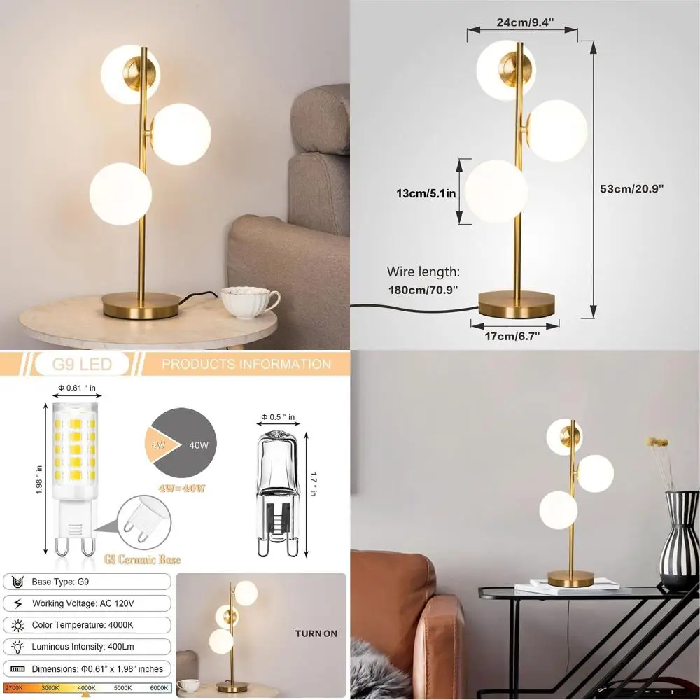 

Mid-Century Modern 3-Light Gold Globe Desk Lamp with Milk Glass Shade, Ideal for Bedroom Nightstands
