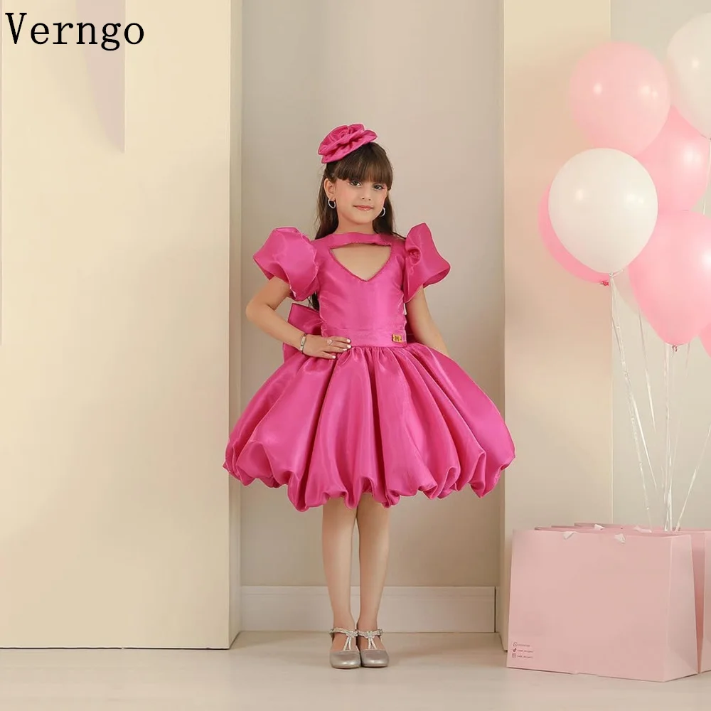 

Verngo Hot Pink Silk Girl Flowers Dress V Neck Puff Short Sleeves A Line Birthday Party Dresses Kid Princess Bow Gown Customized
