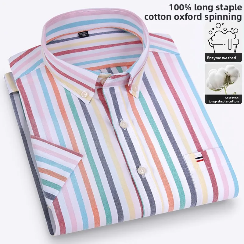 Men's Oxford Short Sleeve Square Collar Soild Plaid Striped Summer Casual Shirts Single Pocket Comfortable Cotton Shirt