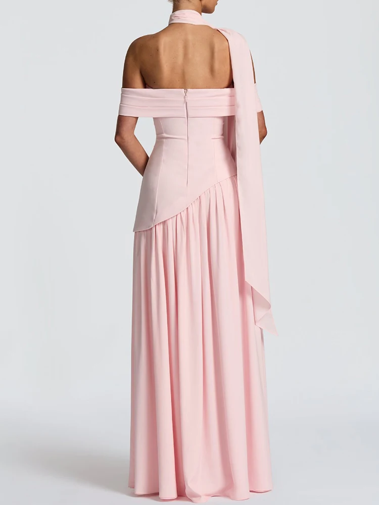 Abito da sera con lacci da donna con scollo a barchetta Abito lungo con spacco pieghettato impiombato solido primaverile Abito lungo Boho vuoto estivo senza schienale 2025