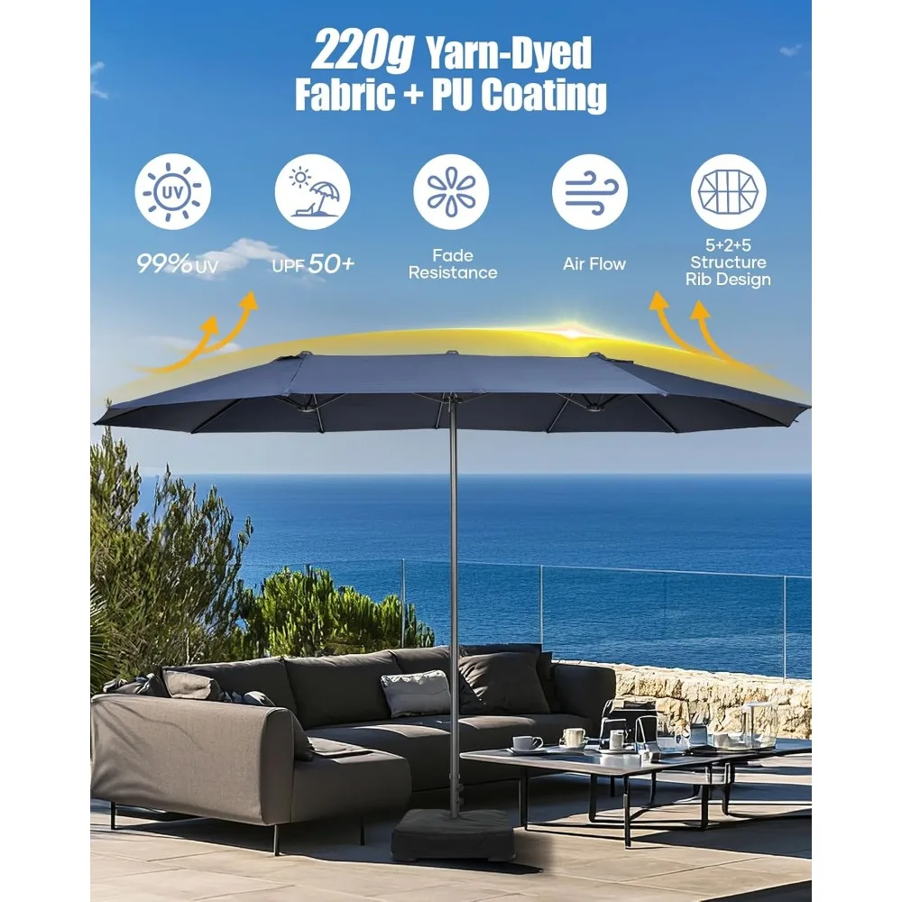 مظلة فناء كبيرة بطول 15 قدم، مع قاعدة متضمنة، مظلة سوق مستطيلة مزدوجة الجوانب للاستخدام الخارجي، مع مقبض كرنك