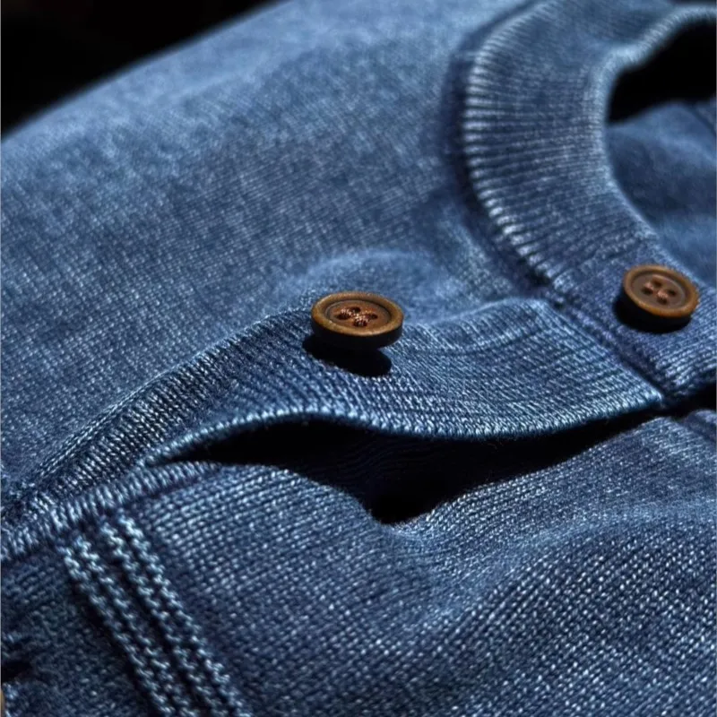 Lässiges, amerikanisches Retro-gewaschenes, Stonewashed Distressed-Strick-Kurzarm-T-Shirt für Herren im Amekaji-Stil