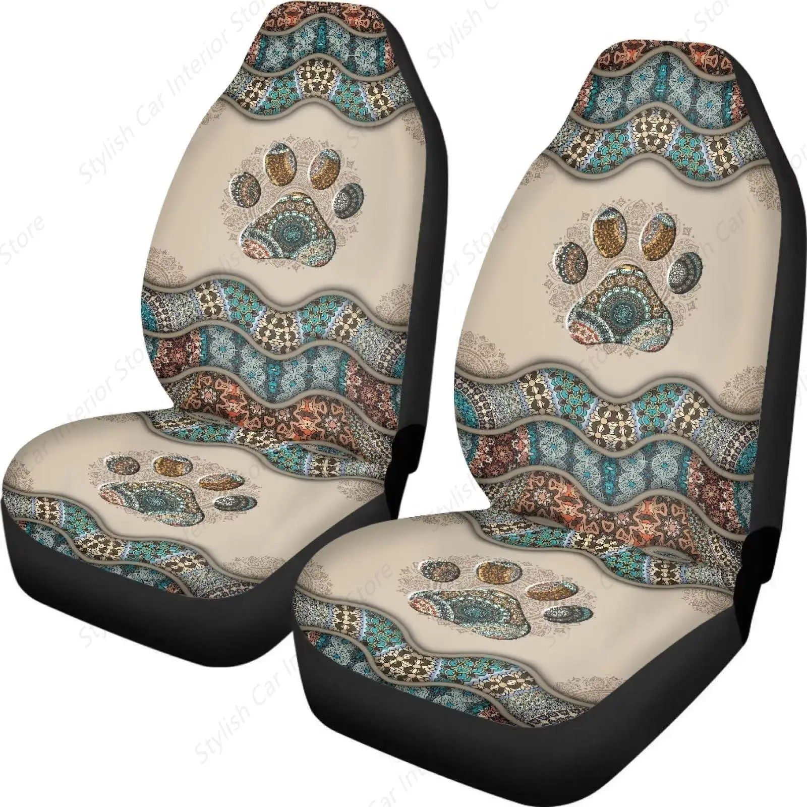 

Boho Paw Print Car Seat Covers Full Set of 2 Vehicle Protector Front Seats Covers Stretchy Washable Car Accessories Bucket Seat