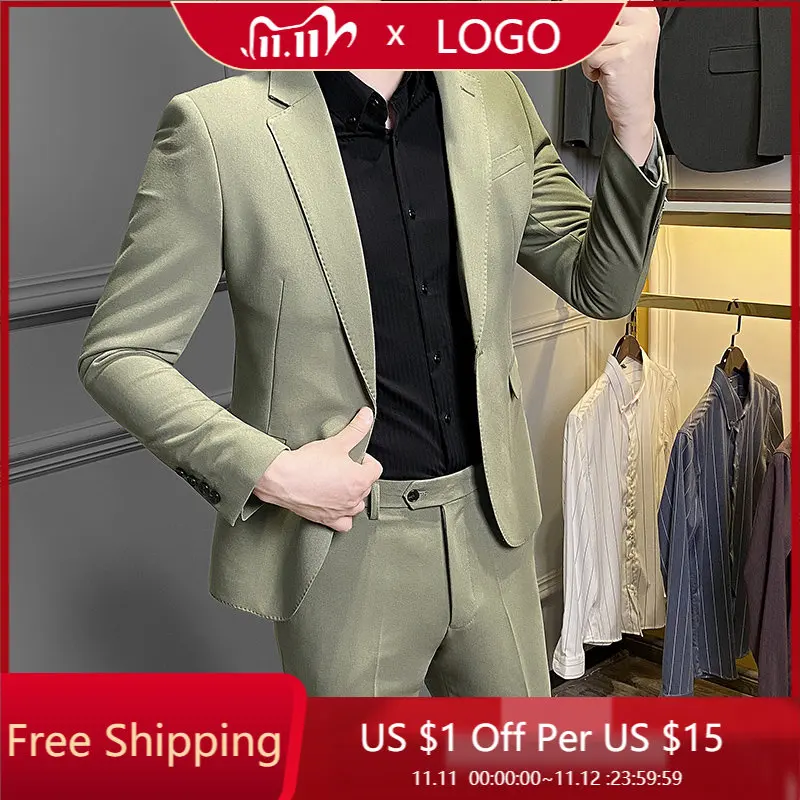 

2023 Simple OL Senior Sense Men (top + Trousers) Casual Korean Version of Slim-fit Commuter Business Suit A Button Two-piece Set