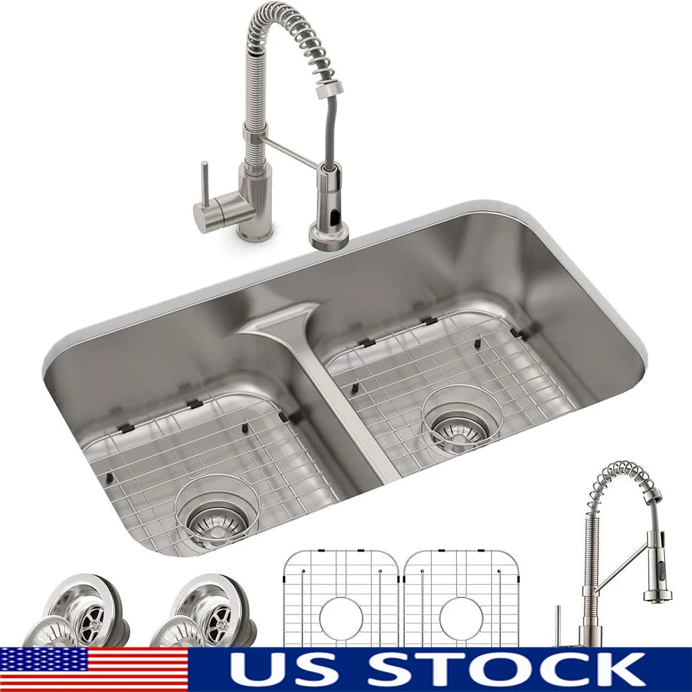 Undermount Kitchen Sink 33 inch Deep Double Bowl Stainless Steel with Pull Down Faucet Commercial Grade Set 18 inch Sprayer