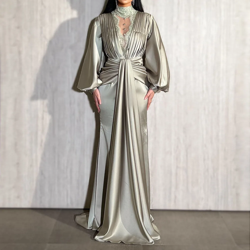 

Customized A-line Evening Dresses Floor-length High-neck Full Sleeve Prom Gown Fashion Pleat Lace Simple Draped Party Gown