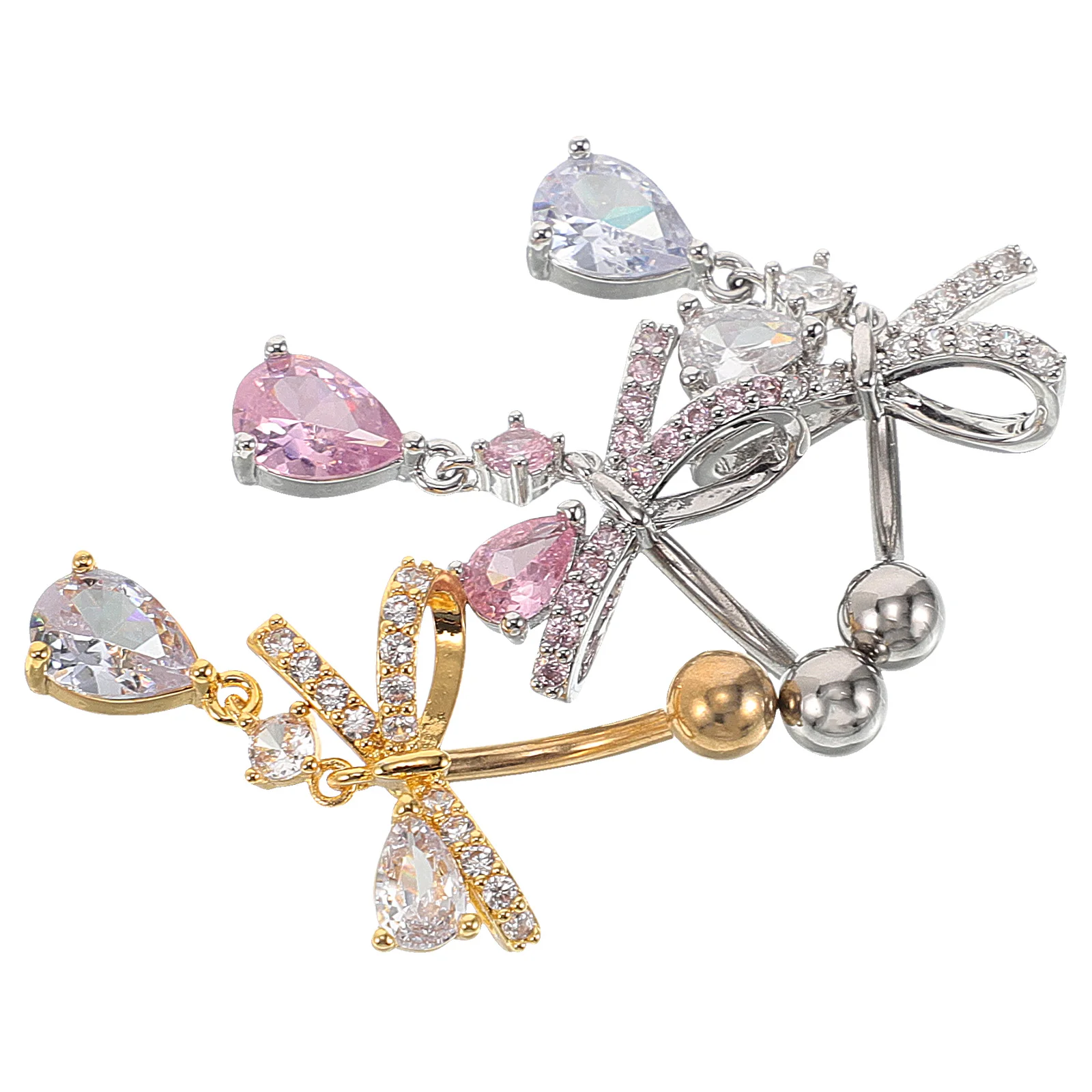 

3Pcs Bowknot Belly Button Rings Copper Plated Zirconia Navel Piercings Fashionable Belly Body Jewelry Cute Rhinestone Navel