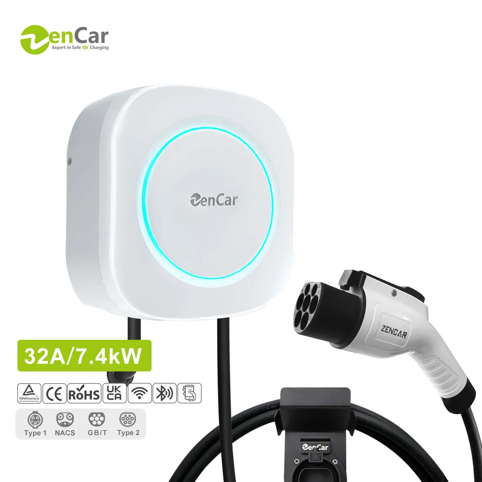 Zencar TUV CE 32A GBT 7kW Wall-mounted EV Charging Stations For Electric Vehicle Charger With Wifi App OCPP