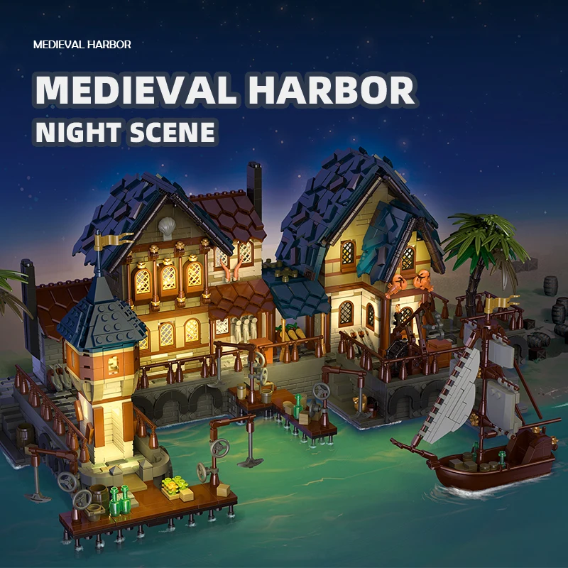 Arquitectura Medieval, muelle, puerto comercial, velero, transporte, barco, bloques de construcción, paisaje urbano, modelo, ladrillos, juguete Compatible con LEGO