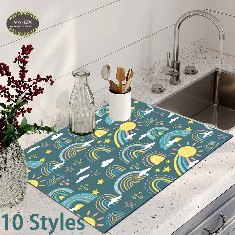 

Rainbow Print Dish Drainer Cartoon Drain Pad Silicone Quick Dry Tableware Placemat Under Sink Absorbent Kitchen Home Decoration