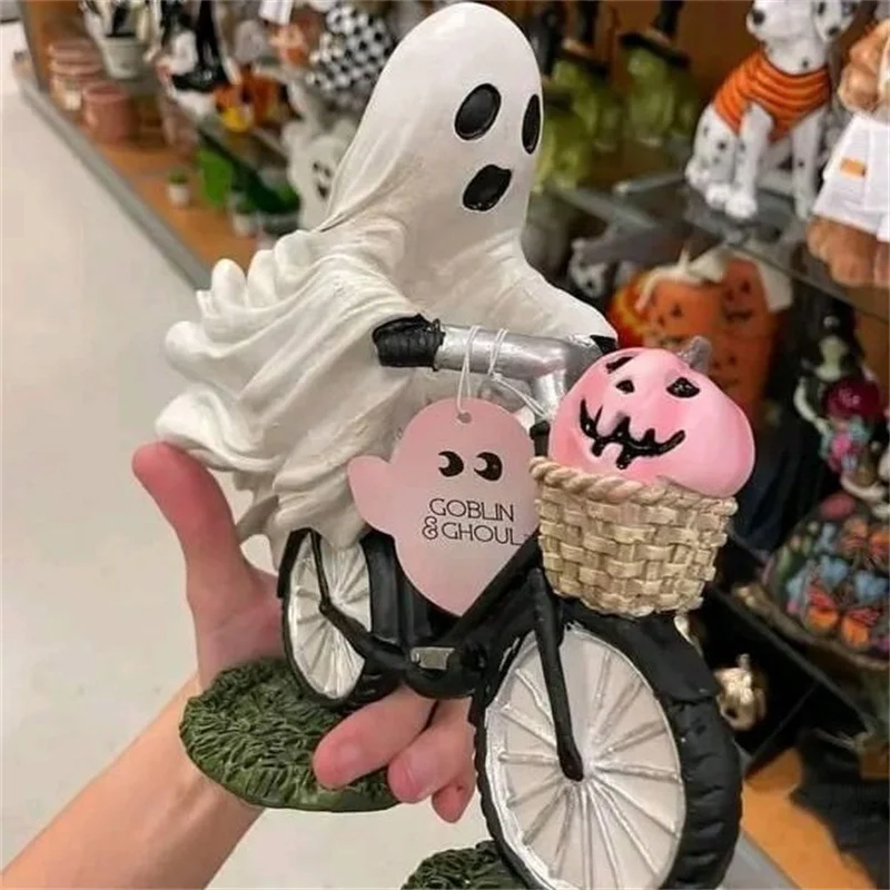 Ghost Bike Rider with Pink Pumpkin, Halloween Decor, Riding a Bicycle,Ghost on Bike, Halloween Figurine, Home Tabletop Decor