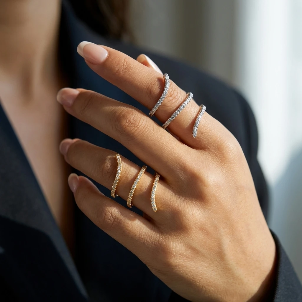 Eleganter geometrischer Rankenring für Damen aus Messing mit Zirkonia, langer Wickelring für Cocktailpartys, Abschlussbälle, romantischer, zarter Schmuck.