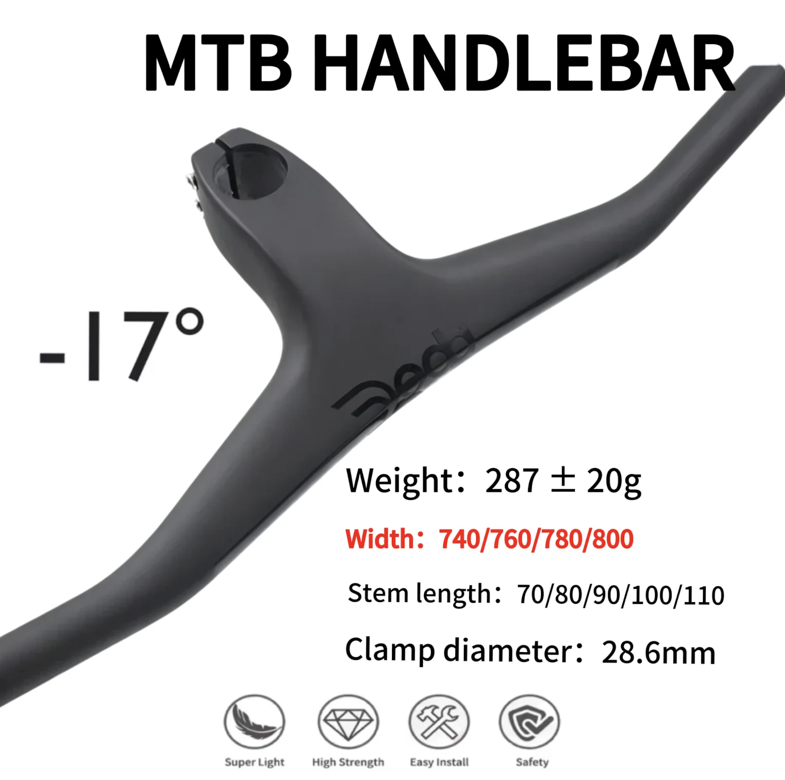 

DEDA Carbon Fiber Integrated MTB Handlebar -17° Rise 28.6mm Steerer Clamp 740mm 760mm 780mm 800mm Width